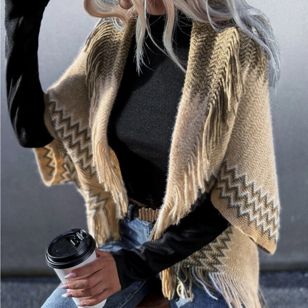Chevron Print Fringe Poncho Style Cardigan